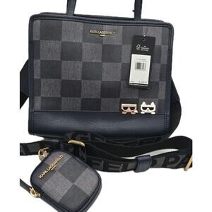Karl Lagerfeld MAYBELLE Karl & Cat Crossbody Convertible Check Purse NEW Blue